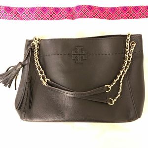 Tory Burch Leather Chain Shoulder Tote Black